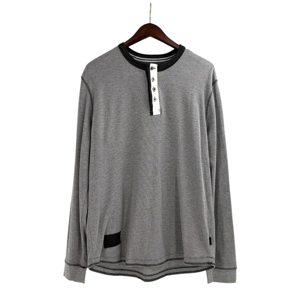 Zimego Mens Large Thermal Henley Long Sleeve Shirt Gray Black Neutral Casual